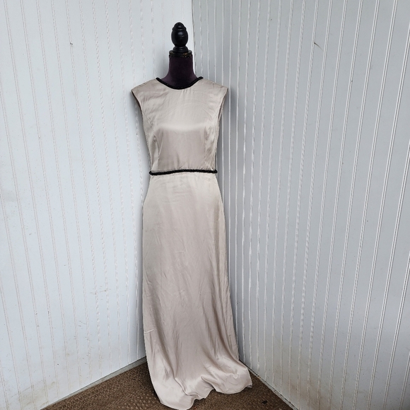 MNG suit MANGO Satin Long Dress Maxi Satin Black Beaded Back Deep Open Lined  6 - Picture 1 of 16